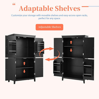 43.3" Tall Kitchen Storage Cabinet with Doors, Freestanding Pantry Cabinet with Hanging Shelves& Adjustable Shelves, Large Space Wooden Farmhouse Cupboard for Kitchen, Dining Room& Living Room (Black)