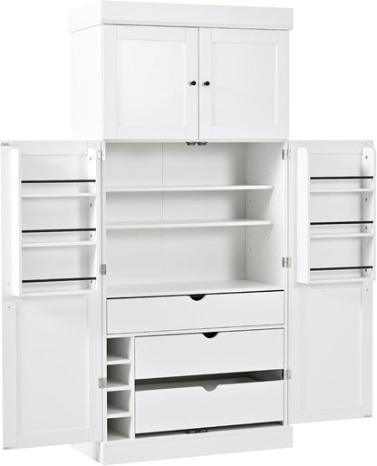 Large Freestanding Kitchen Pantry Cabinet, Cupboard Storage Cabinet with Adjustable Shelves, Door Shelves, Drawers and Wine Racks for Kitchen, Dining Room (White)