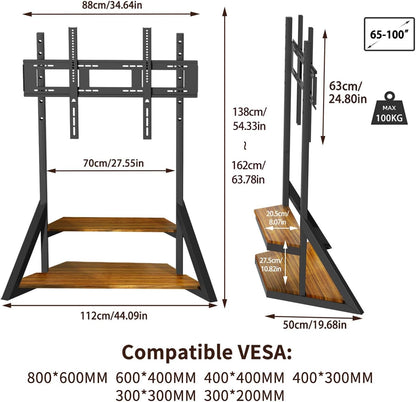 Mobile TV Stand for 65-100 Inch TVs, Holds Up to 220 lbs,Walnut | Height Adjustable Rolling TV Stand with Large Wooden Shelves and Wheels, VESA 800×600mm, VC-Z1188
