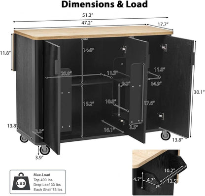Floating Island Kitchen with Drop Leaf Height-Adjustable Shelves, Island Table for Kitchen with Wheels Towel Rack， for Kitchen, Dining Room, Black