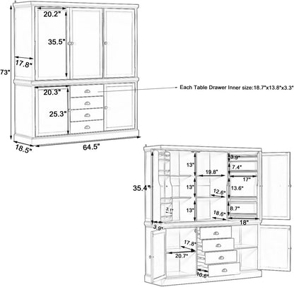 73" Freestanding Kitchen Pantry Organizer - Wooden Storage Unit with 4 Shelved Compartments, 4 Storage Bins & 8 Adjustable Shelves for Dining Room Kitchen Organization (White19)