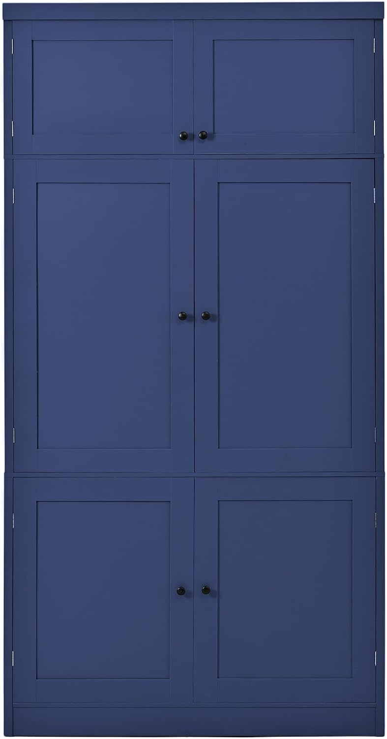 JIJIWANG 70.9" H Farmhouse Freestanding Kitchen Pantry Storage Cabinet with Drawers and Shelves, Buffet with 8 Pull-Out Trays and 4 Doors Blue