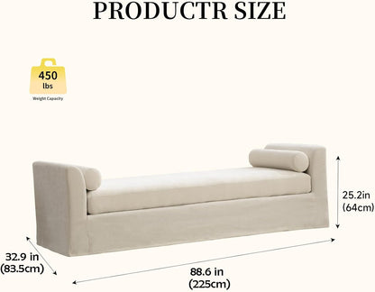 Chifee & Vingol 88.6" W Oversized Chaise Lounge Upholstered Bedroom Benches Extra-Long Indoor Bench Entryway Bench with Removable Pillows for Living Room Hallway,Beige