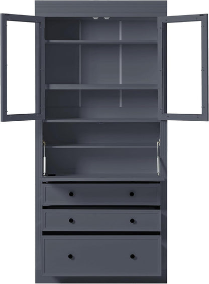 78" Tall Kitchen Pantry Cabinet, Freestanding Food Storage Pantry Cupboard with Power Outlet,3 Storage Compartments and Adjustable Shelves, Farmhouse Kitchen Hutch for Dining Room,Grey