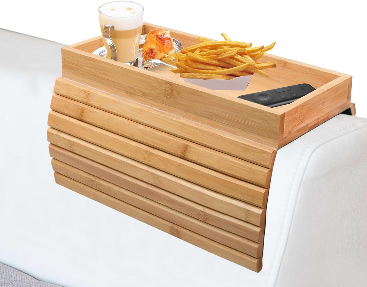 Couch Armrest Table, Bamboo Couch Cup Holder, Couch Cup Holder Tray, Sofa Arm Tray, Armchair Caddy 12.4" x 5.5" with Nonslip Felt Bottom, Sturdy Bamboo Slats for Armrests 6" and Wider (Brown)
