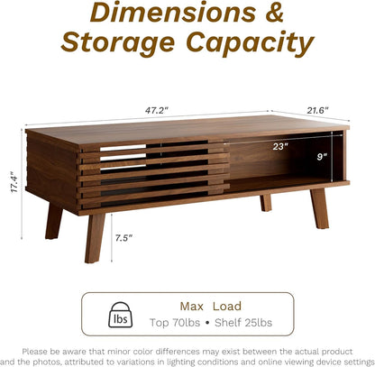 MAISONARIA Living Room Table Sets of 4, Mid Century Coffee Table & TV Stand & End Table Set of 2, Sliding Door Coffee Table and TV Stand with Storage, Modern End Table for Living Room, Walnut