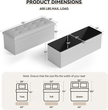 Storage Ottoman Bench, 43 Inch Ottoman Foot Rest, End of Bed Bench, Storage Chest for Living Room, Bedroom, Entryway, Light Gray