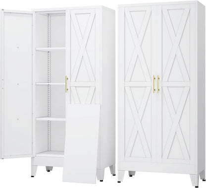 61" Kitchen Pantry Cabinet, Metal Storage Cabinet with 2 Doors and 3 Adjustable Shelves, White Food Pantry Cupboard for Kitchen, Dining Room, Living Room and Bathroom (White)