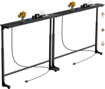 Keelian 70 inch Behind Couch Table with Outlets Adjustable Sofa Table Black | Adjustable Height(25"-37"),Skinny Couch Shelf with Charging Station,Long Entryway Tables for Living Room