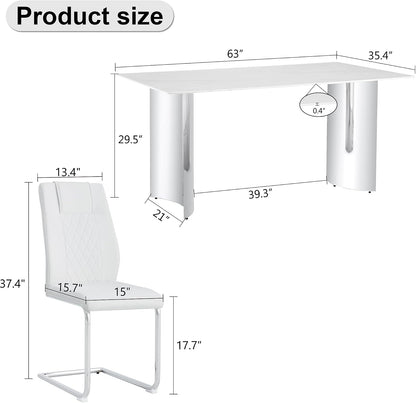 Marble Dining Table Set for 6,63" Kitchen Table Set of 6,Rectangle Dining Room Table Set with Silver Chrome Legs,Tempered Glass Dining Table Set with White Faux Leather Chairs for Dining Room