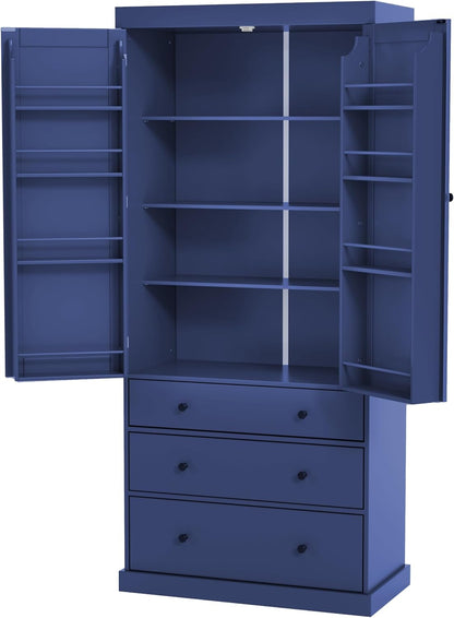 Tall Kitchen Pantry Cabinet Wood Freestanding Large Cupboard with 3 Drawers, 8 Door-Shelf and Adjustable Shelves for Dining Room (Blue)