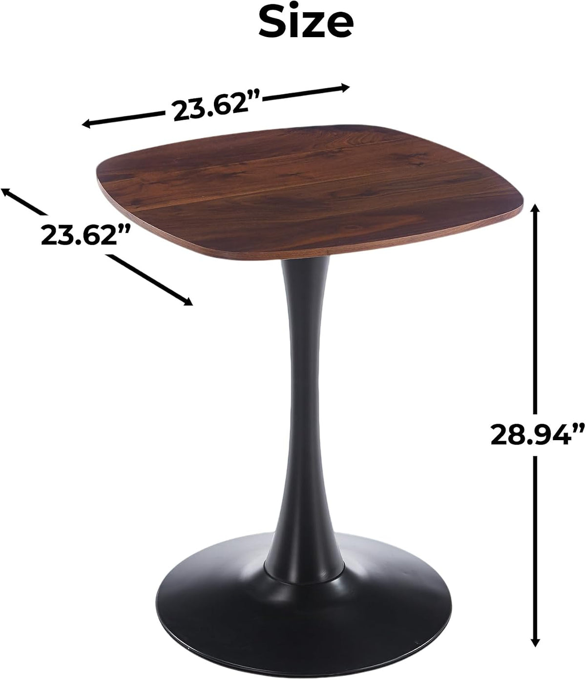 24" Square Tulip Dining Table for 2-4, Modern Kitchen Table with Pedestal Base, End Table Drink Table Small Bistro Table for Small Spaces, Apartment, Cafe, Office, Living Room (Black + Dark Walnut)