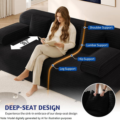 78.7'' Couches Queen, Corduroy Futon Sofa Bed, Modern Floor Couch, Cloud Convertible Sleeper Sofa Daybed, Comfy Loveseat, 3 Pillows, for Small Spaces, Living Room, Apartment, Black