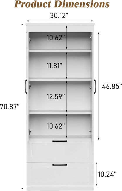 71” H Kitchen Pantry Cabinet, 4-Tier Farmhouse Storage Cabinet with Barn Doors, 2 Drawers, Adjustable Shelf, Freestanding Cupboard for Kitchen, Bathroom, Living Room (White)
