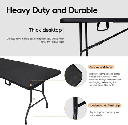pollilar Folding Table 6FT Heavy Duty Portable Plastic Foldable Table Black | 6 Foot Fold-in-Half Utility Desk for Outdoor Camping Party Dining Wedding Events Picnic Indoor Working Meeting Banquet BBQ