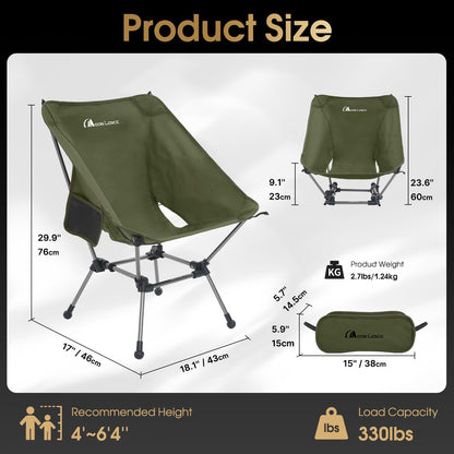 MOON LENCE Portable Camping Chair Plus, Larger & Roomier, Compact and Lightweight Still, Folding Chair for Backpacking & Hiking, 330Lbs Capacity (Moss Green-2pack)