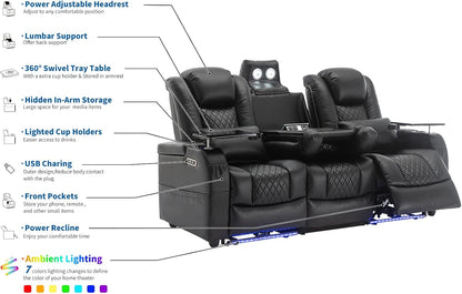 Airadlis Dual Power Home Theater Seating with 7-Color LED, Black, Row of 3 | Zero gravity recliner sofa, USB and Type-C charging, swivel tray and cup holder, lumbar pillow, 4” wall clearance