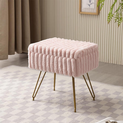 Faux Fur Storage Ottoman, Modern Soft Footstool, Storage Bench with Metal Legs, Vanity Seat, Fur Stool, Ottoman Coffee Table, Makeup Chair, Vanity Stools for Bedroom (Pink)