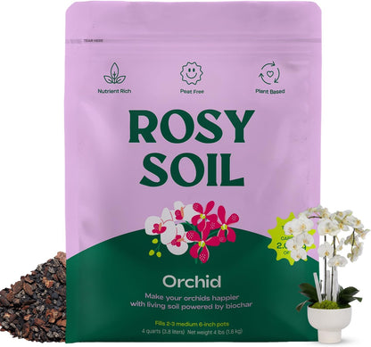 Rosy Soil Orchid Soil Potting Mix - Superior Aeration & Drainage for Orchids - Peat-Free, Microbially Active Biochar Powered Soil for Orchid Plants - Ideal for Indoor Gardening - 4 Quarts