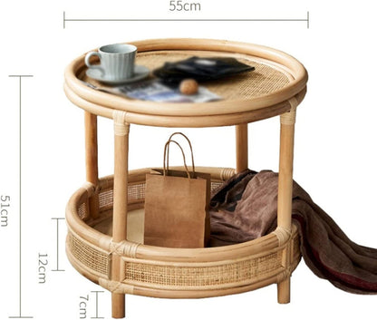 Mlaea Double-Layer Round Rattan Surface/Glass Surface Small Table, Living Room Sofa Side Shelf, Telephone Holder, Large Capacity, Country Style(Size:55 * 51cm,Color:B)