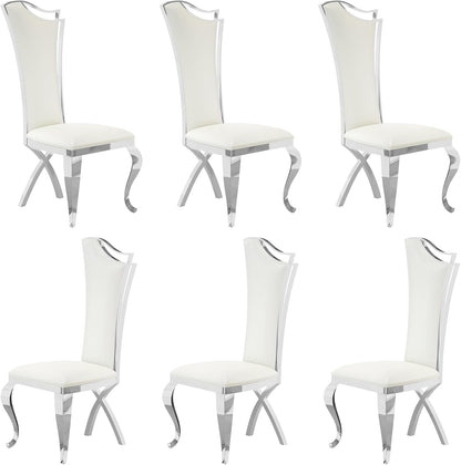 Asday Dining Chairs Set of 6, White Faux Leather and Silver Streamlined High Back Dining Room Chairs with Curved and X Stainless Steel Legs