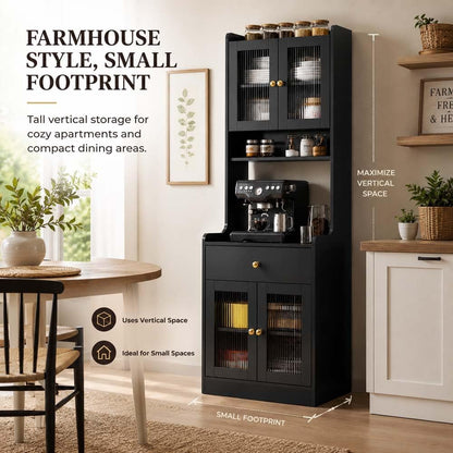 71" Kitchen Pantry Hutch Storage Cabinet with Microwave Stand, Farmhouse Freestanding Buffet Sideboard with Coffee Bar, Tall Wood Cupboard for Kitchen Dining Room (Black)