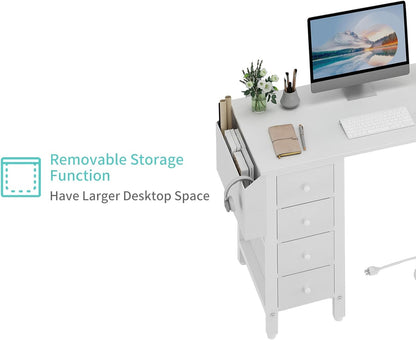 Lufeiya White L Shaped Computer Desk with Drawers & Storage Shelves, 47 Inch Corner Reversible Desk with Power Outlet for Home Office Bedroom, L-Shaped Teen PC Desks with Fabric Drawer, White