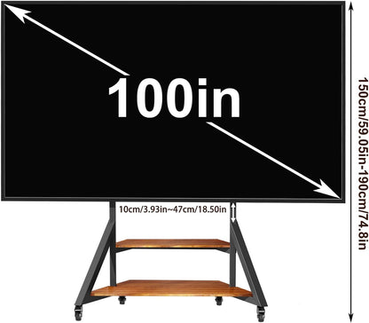 Mobile TV Stand for 65-100 Inch TVs, Holds Up to 220 lbs,Walnut | Height Adjustable Rolling TV Stand with Large Wooden Shelves and Wheels, VESA 800×600mm, VC-Z1188