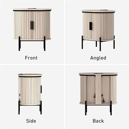 Bonzy Home Round Nightstand with Storage, Fluted Side Table with Charging Station, Mid Century Modern Bedside Table, End Table with Sliding Door for Living Room, Bedroom, Small Spaces, Oak