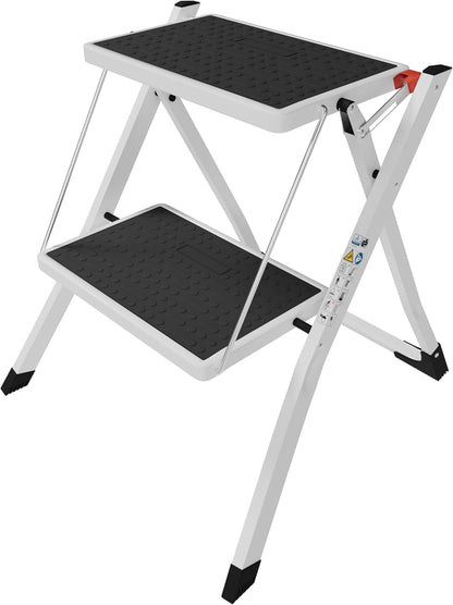Home Vida 2 Step Ladder Compact, Heavy Duty Steel, Portable Folding, Anti-Slip Mat, Home, Kitchen, DIY, Gardening Step Ladder, 150kg Max Capacity