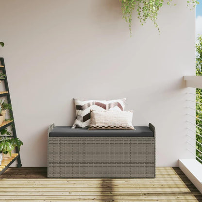 Grey PE Rattan Storage Bench with Hidden Compartment, Powder-Coated Steel Frame, Polyester Cushion for Patio Garden