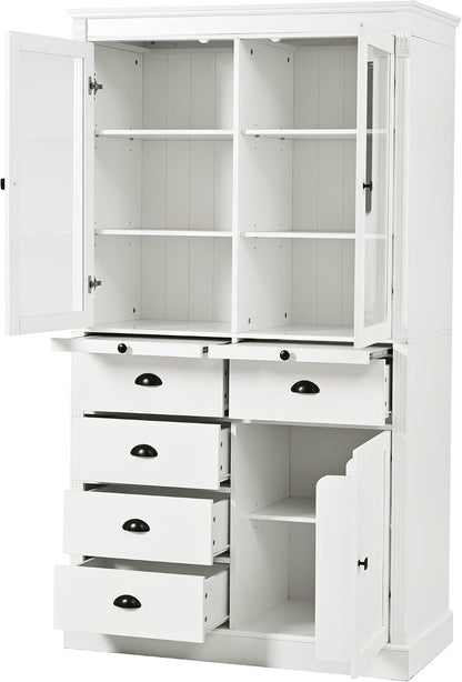 72" H Kitchen Pantry with Glass Doors, Wooden Freestanding Display Storage Cabinet with 5 Drawers and Serving Trays, Large Cupboard with Adjustable Shelves for Kitchen, Dining Room, White
