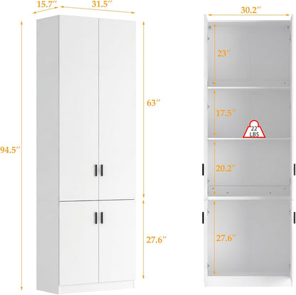 AGOTENI 94.5”H Tall Kitchen Pantry Cabinet with 4 Doors & 4 Shelves, Modern Kitchen Pantry with Adjustable Shelf, Black Handles, Cupboard for Kitchen Dining Room, White