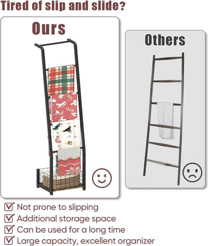 6.3ft Blanket Ladder with Storage Basket, 5 Tier Decorative Ladder Shelf Stand for Living Room & Bedroom, Wall-Leaning Blanket Holder Quilt Rack for Home Décor, Rustic Brown & Black