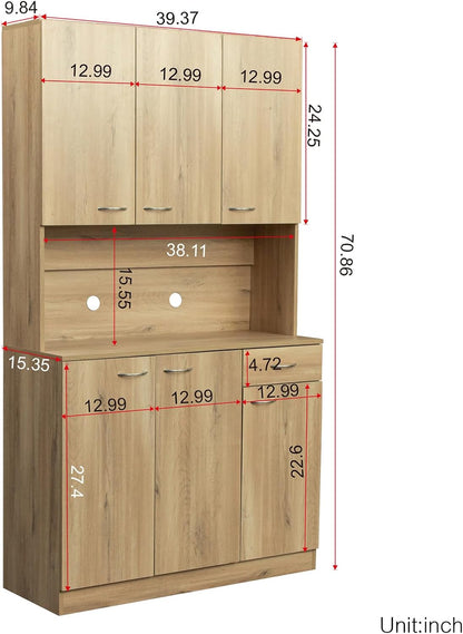 39.37" W Kitchen Pantry Cabinet, Freestanding Farmhouse Storage Cabinet with 6 Door and 1 Drawer, Tall Cupboard for Kitchen, Living Room, Dining Room and Bathroom, Rustic Oak