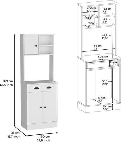 Kitchen Pantry 67" H, Two Cabinets, Three Doors, Two Open Shelves, One Drawer, Microwave Storage Option, White