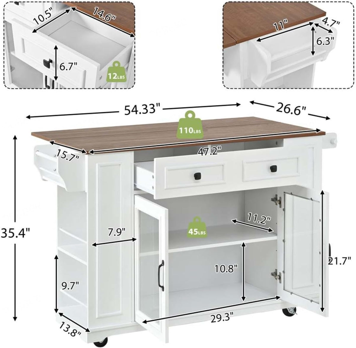 Kitchen Storage Islands and Carts with Internal Storage Rack, Power Outlet and Open Shelves, Rolling Island for Kitchen with Knife Holder, for Kitchen, Dining