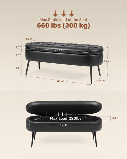 Storage Ottoman Bench, 43.7" PU Leather End of Bed Bench Black | Bench with Large Hidden Storage, Tufted Upholstered Seat, Metal Legs, Mid-Century Modern, For Bedroom, Entryway, Living Room