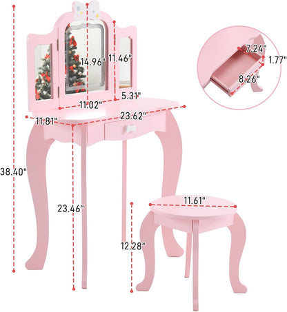 Vanity Set,ShyneeMakeup Dressing Vanity Set Wooden Princess Makeup Table with Cushioned Stool,Drawer,Wooden Legs and Mirror, Make Up Dressing Play Set for Girls (Pink Bow)