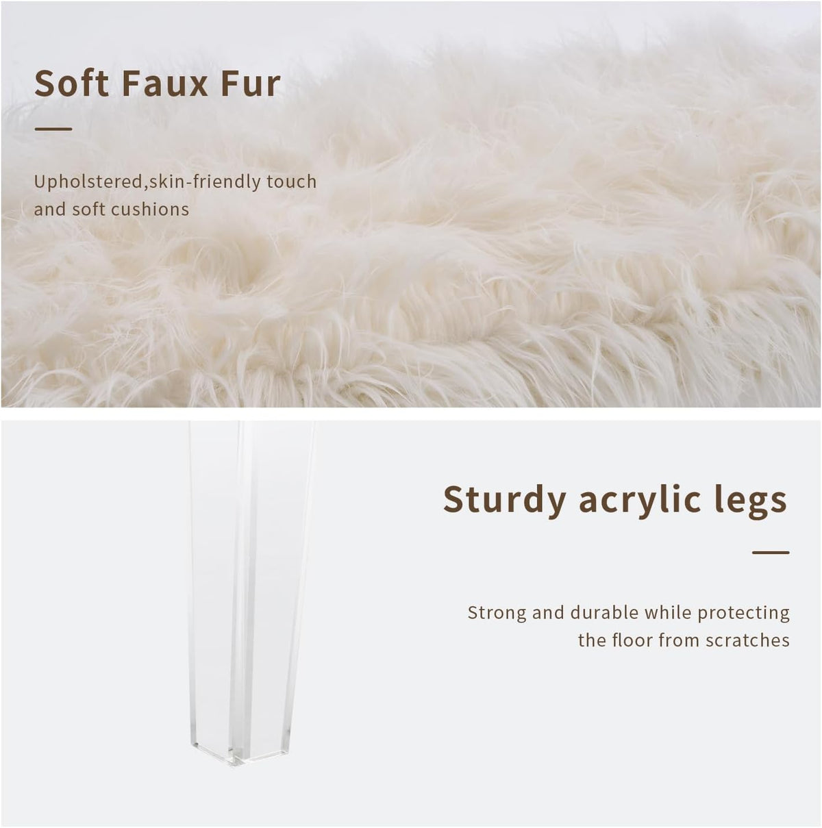 Modern White Faux Fur Ottoman Bench - Upholstered Furry Bench with Acrylic Legs for Bedroom, Living Room, Entryway, Vanity or Bed End