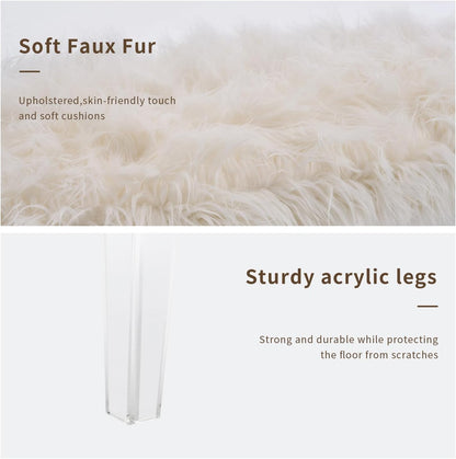 Modern White Faux Fur Ottoman Bench - Upholstered Furry Bench with Acrylic Legs for Bedroom, Living Room, Entryway, Vanity or Bed End