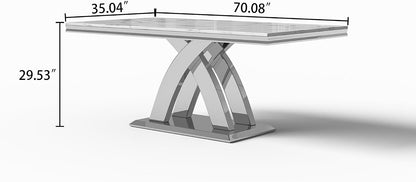 Modern 70" White Marble Dining Table for 6-8 – Rectangular Faux Marble Kitchen & Dining Room Table with Silver Stainless Steel X-Shape Bases, Living Room Furniture