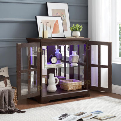 KEIKI Lighted Curio Cabinet, Glass Display Cabinet with 2 Doors & Adjustable Shelves, LED Light Strip, Cherry