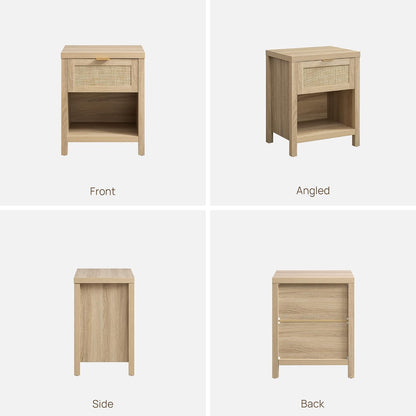 SICOTAS Nightstands Set of 2 Rattan Night Stand with Drawer | Farmhouse Bedside Table with Storage Shelf - Boho End Side Table for Bedroom, Light Oak