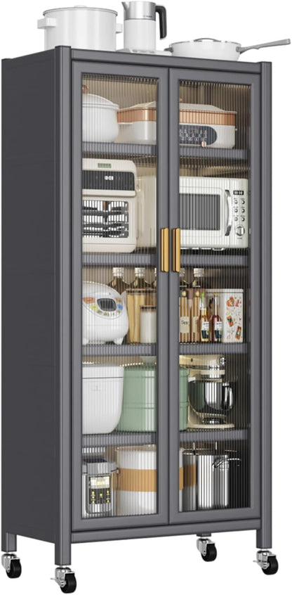 Metal Kitchen Pantry Storage Cabinet on Locking Casters, Double Ribbed Glass Doors, Multi Shelf Organizer for Microwave Appliances, Countertopware, Dining Room, Laundry, Garage (Grey)