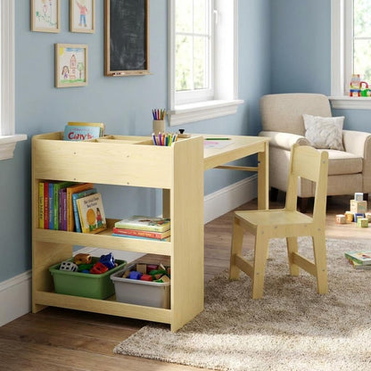 Kids Art Table with 2 Chairs, Toddler Craft Desk with Large Shelves Storage for Drawing & Writing, Activity Craft Table, with Paper Roller Wooden Furniture for Ages 2-10