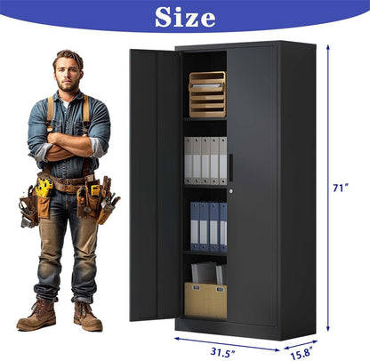 Lockable Cabinet Metal Storage Cabinet, 69" Locking Metal Storage Cabinet with 3 Adjustable Shelves,Black Metal Cabinet with 2 Doors and Lock for Office, Garage, Home (Black, 69")