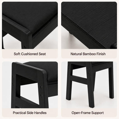 BAMBOOHOMIE Foot Stool Ottoman, Modern Vanity Stool Chair for Makeup with Removable Cushion & Side Handles, Bamboo Ottoman for Living Room Bedroom Office, Small Foot Rest for Couch (Black - Black)