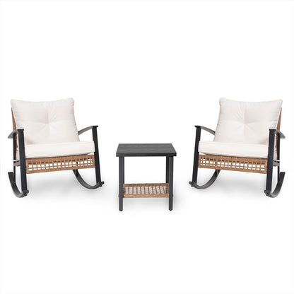 LAUSAINT HOME 3-Piece Rocking Bistro Set, Outdoor Patio Furniture with Thick Cushions and 2-Tier Coffee Table, Oversize Rattan Conversation Set for Garden, Balcony, Backyard (Beige)