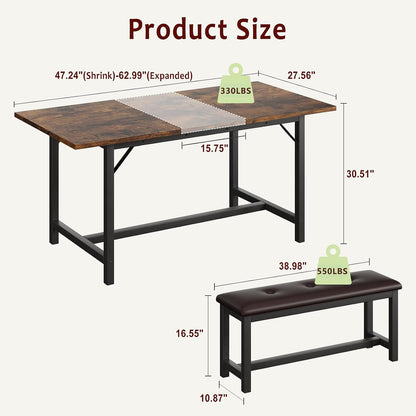 IDEALHOUSE 3 Piece Dining Table Set for 4-6, 63" Extendable Thick Metal Frame Kitchen Table with 2 Upholstered Benches Set for 6, Rectangle Wooden Dinette Table Set for Dining, Apartment, Retro Brown